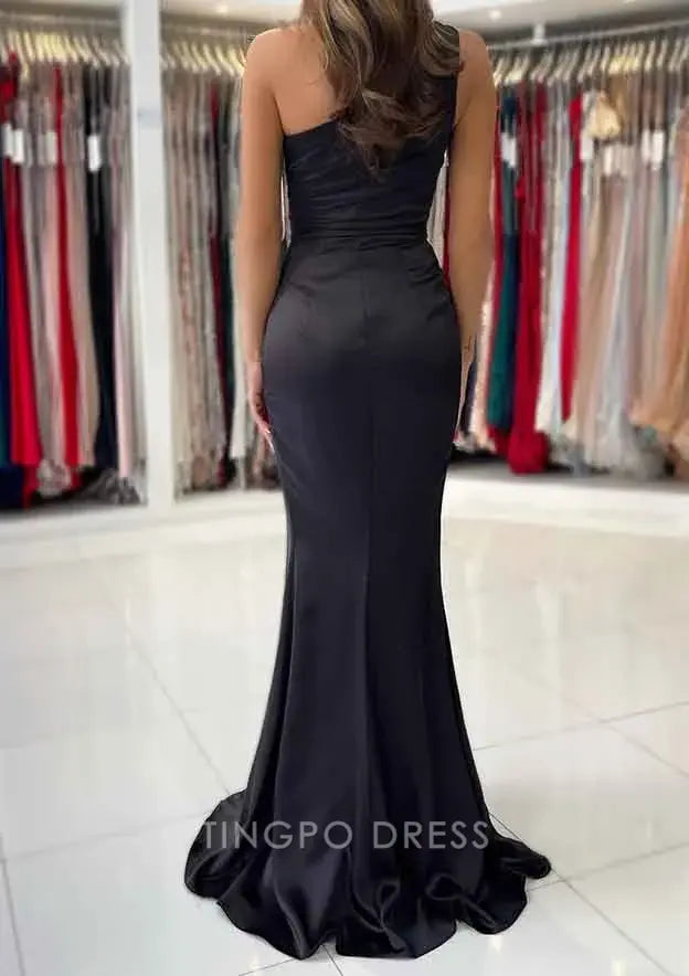 TingPo Wholesale Elegant Sheath/Column One-Shoulder Sleeveless Long/Floor-Length Silk like Satin Prom Dress with Split Pleated